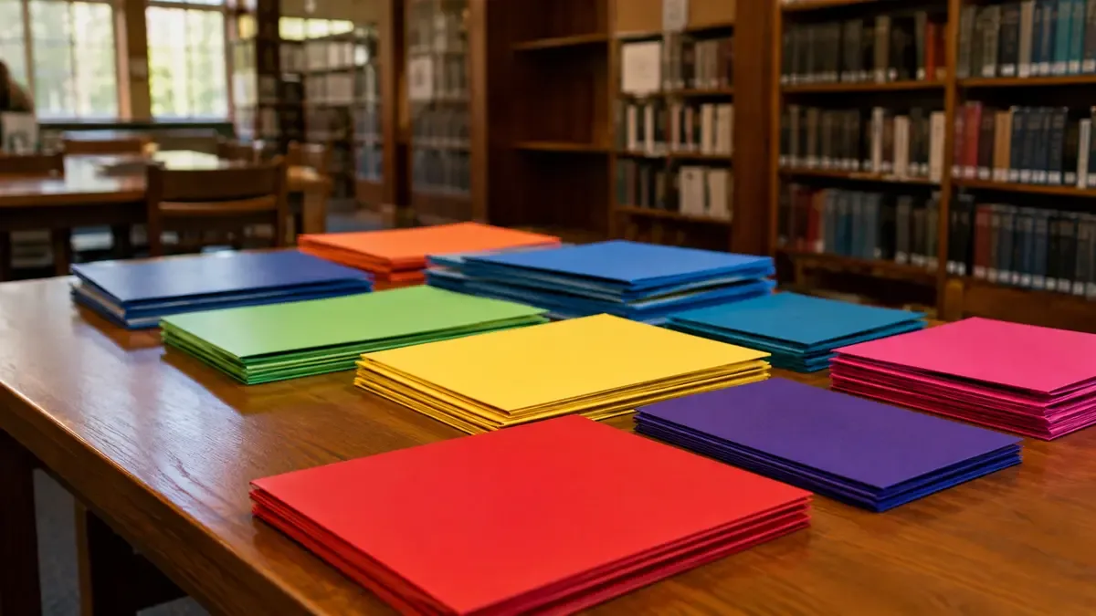 Carpetas de colores organizadas sobre una mesa de biblioteca