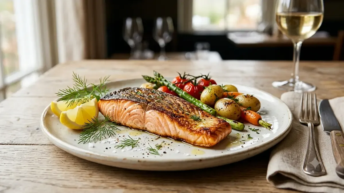 Filete de salmón grillado con limón, eneldo y vegetales
