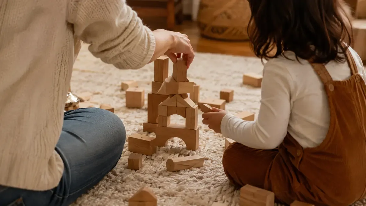 Adulto y niño jugando con bloques de madera, sin mostrar rostros