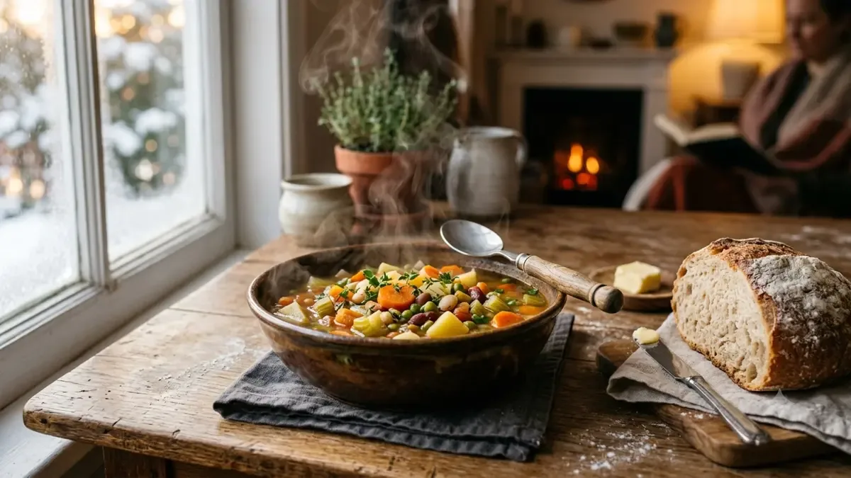 Plato hondo con sopa de verduras humeante y pan al costado