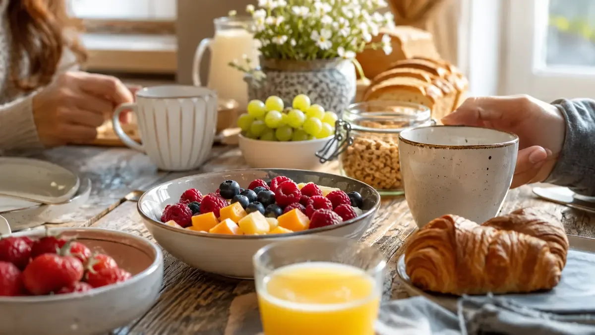 Mesa de desayuno familiar con tazas y frutas